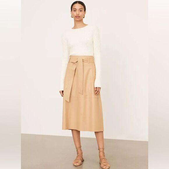 Vince Lambskin Leather Midi Tan Caramel Skirt Stitched Belt Size 0 - Picture 3 of 11